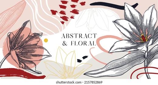Collage style tulip vector illustration. Hand-sketched spring flowers. Trendy design with botanical, geometric shapes, and abstract elements. Perfect for print, poster, card, social media, wall art.