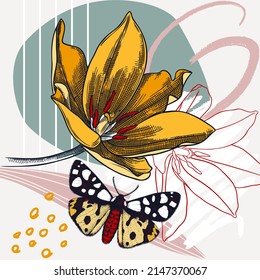 Collage style tulips vector illustration. Hand-sketched spring flower and butterfly. Trendy design with floral, geometric shapes, abstract elements. Perfect for print, poster, card, wall art, cards