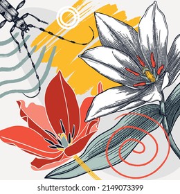 Collage style tulips vector illustration. Hand-sketched spring flower and beetle. Trendy design with floral, geometric shapes, abstract elements. Perfect for print, poster, card, wall art, cards