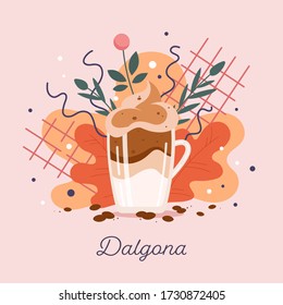 Collage style vector isolated illustration of Dalgona - Asian coffee drink from South Korea. Whipped milk korean coffee with foam. Dalgona - Popular beverage also known as quarantine drink