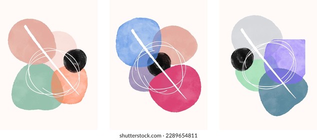 Collage style  white background water color  poster with white line art contemporary chic artwork set of three for business cover design or wall art for home or office