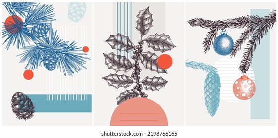 Collage style winter vector illustration  Larch  fir  holly plant sketches  Trendy Christmas design and botanical drawings   geometric shapes  Christmas card  invitation  poster  print  wall art