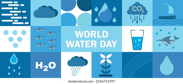 Collage style World Water Day poster featuring water droplets, dolphins, a glass of water, clouds, and H2O symbols