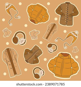Collage of stylish winter clothes on brown background