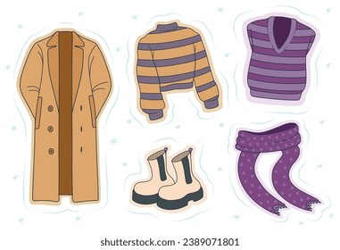 Collage of stylish winter clothes on white background