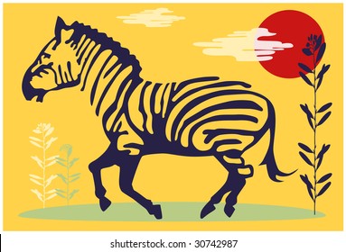 Collage with stylized by zebra, sun and plants of the savannah