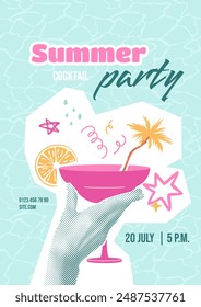 Collage of summer cocktail party. Halftone hand holding glass with slice of fruit. palm tree, doodle stars and confetti. Water surface pattern on background. Flyer design. Vector tropical illustration