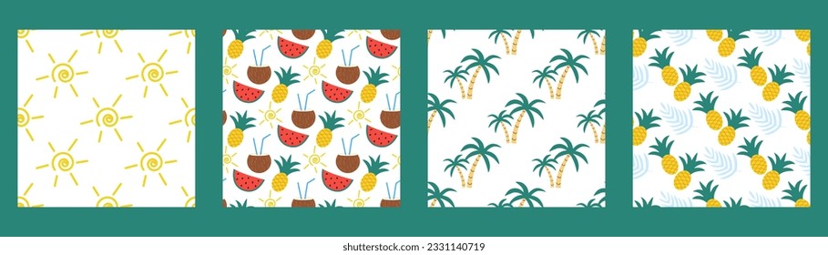 Collage summer seamless pattern set. Background with sun, palm trees, fruits. Exotic tropical print, holiday and vacation template collection, vector illustration