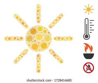 Collage sun designed from covid-2019 virus icons in variable sizes and color hues. Vector viral parts are united into abstract collage sun icon. Some bonus icons are added.