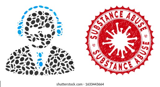 Collage support manager icon and red round rubber stamp seal with Substance Abuse text and coronavirus symbol. Mosaic vector is created with support manager icon and with randomized ellipse items.