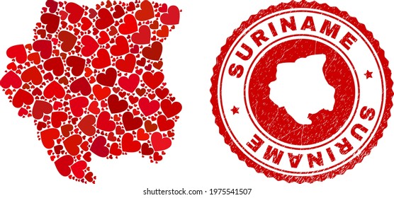 Collage Suriname map designed with red love hearts, and rubber badge. Vector lovely round red rubber badge imitation with Suriname map inside.