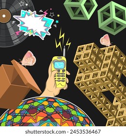 Collage in surrealism style with chaotically placed objects. Hand with retro phone, vinyl record, cardboard box, isometric designs and more. Vector illustration