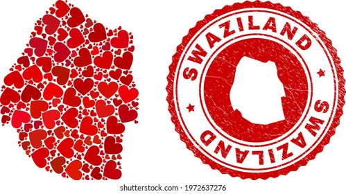 Collage Swaziland map formed with red love hearts, and unclean badge. Vector lovely round red rubber seal stamp imprint with Swaziland map inside.