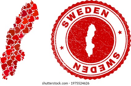 Collage Sweden map formed from red love hearts, and textured seal. Vector lovely round red rubber seal imitation with Sweden map inside.
