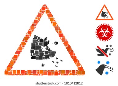 Icono de advertencia de gripe porcina de colección organizado a partir de elementos cuadrados de varios tamaños y tonos de color. Los elementos cuadrados vectoriales se combinan en un icono de aviso abstracto de gripe porcina. Se añaden pictogramas extra
