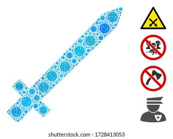 Espada de color compuesta de íconos del virus SARS en diferentes tamaños y tonos de color. Los iconos de infección vectorial se componen en la composición abstracta icono de la espada. Se añaden algunos iconos adicionales.