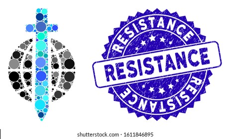Collage sword globe icon and distressed stamp seal with Resistance text. Mosaic vector is formed with sword globe icon and with randomized round spots. Resistance stamp seal uses blue color,
