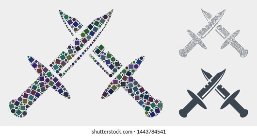 Collage Swords icon designed from spheric and square elements in various sizes, positions and proportions. Vector spheric and square parts are arranged into abstract collage swords icons.