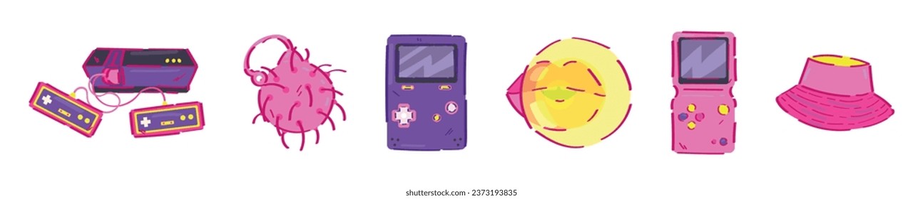 Collage of symbols of 90s on white background