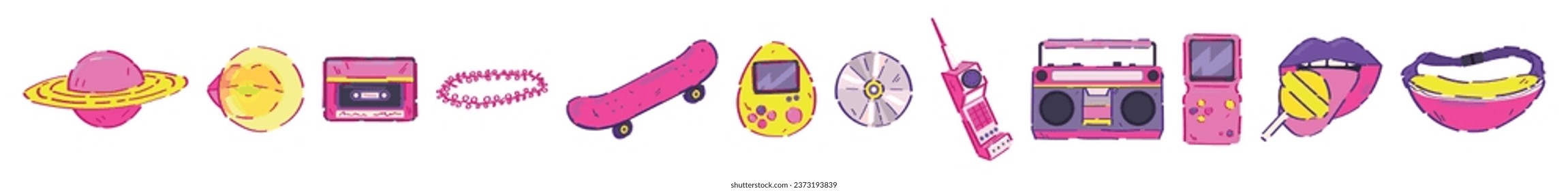 Collage of symbols of 90s on white background