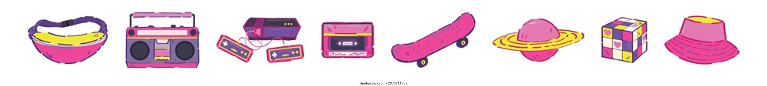 Collage of symbols of 90s on white background