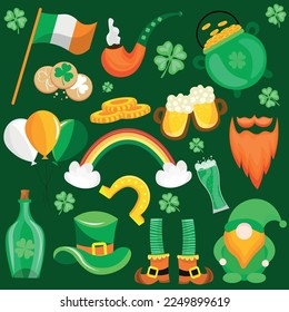 Collage of symbols of St. Patrick's Day holiday on green backgro