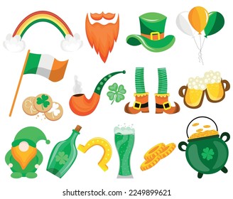 Collage of symbols of St. Patrick's Day holiday on white backgro