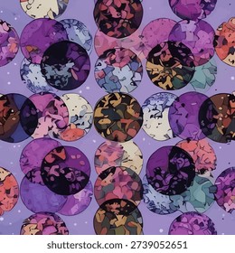 Collage of symmetrical overlapping circles with colorful ornaments inside against lilac background with white starry dots; abstract square vector illustration for astrology, cosmic, mysterious designs