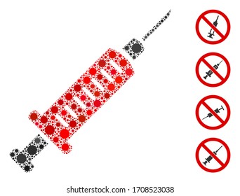 Collage syringe organized from covid-2019 virus items in variable sizes and color hues. Vector viral elements are organized into abstract collage syringe icon. Some bonus icons are added.