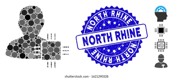 Collage system developer icon and distressed stamp seal with North Rhine phrase. Mosaic vector is formed with system developer icon and with random round spots. North Rhine stamp seal uses blue color,