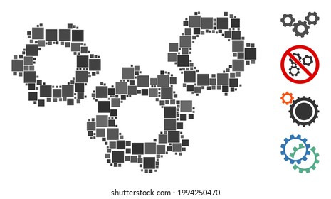 Collage System gears icon designed from square items in variable sizes and color hues. Vector square items are arranged into abstract collage system gears icon. Bonus icons are added.
