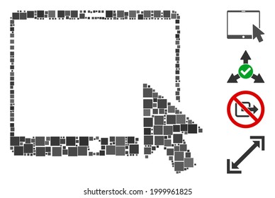 Collage Tablet arrow pointer icon united from square elements in different sizes and color hues. Vector square parts are united into abstract collage tablet arrow pointer icon. Bonus icons are added.