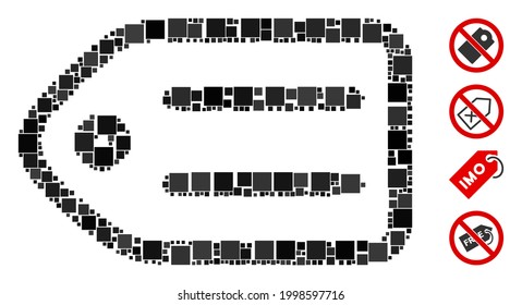 Collage Tag icon designed from square items in variable sizes and color hues. Vector square items are organized into abstract mosaic tag icon. Bonus pictograms are placed.