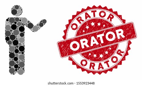 Collage talking man and rubber stamp seal with Orator caption. Mosaic vector is composed with talking man icon and with randomized circle items. Orator stamp seal uses red color, and rubber surface.