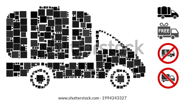 Collage Tank\
truck icon composed of square items in various sizes and color\
hues. Vector square items are combined into abstract collage tank\
truck icon. Bonus pictograms are\
placed.