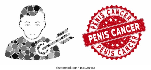 Collage target man and distressed stamp seal with Penis Cancer phrase. Mosaic vector is formed with target man icon and with random spheric items. Penis Cancer stamp seal uses red color,
