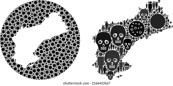 Collage Tarragona Province map organized from coronavirus items and population and skull items. Evil virus Tarragona Province map collage designed with sphere and subtracted space.