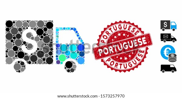 Collage tax collector car icon and rubber stamp\
seal with Portuguese caption. Mosaic vector is designed with tax\
collector car icon and with random circle spots. Portuguese stamp\
seal uses red color,