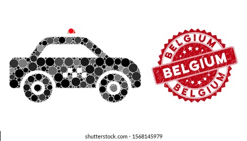Collage taxi car and grunge stamp seal with Belgium text. Mosaic vector is formed with taxi car icon and with randomized round elements. Belgium stamp seal uses red color, and grunged texture.
