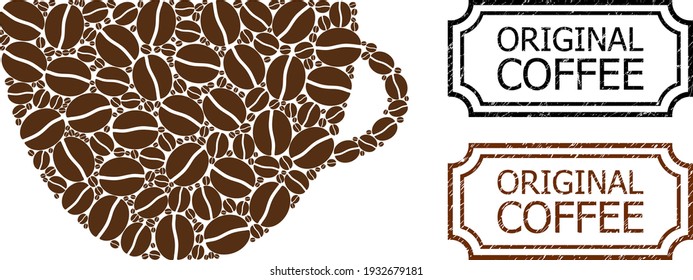 Se organiza un té colorido a partir de granos de cacao y se grunge el sello de sello original de un rectángulo de café con muescas. Los iconos de café vectorial se organizan en un icono abstracto de taza de té de color marrón.