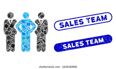 Collage team and corroded stamp seals with Sales Team phrase. Mosaic vector team is designed with scattered rectangle items. Sales Team stamp seals use blue color, and have round rectangle shape.