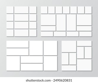 Collage template collection. Set of moodboard layout. Mosaic picture frame. Album brandboard presentation. Mood board background. Scrapbook grid. Gallery banner. Portfolio images. Vector illustration