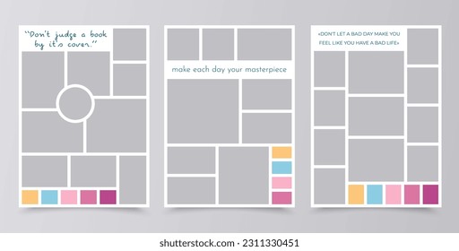 Collage template grids. Moodboard background. Mood board layout. Scrapbook album pictures. Mosaic images. Set photo frames. Vertical poster design with colour palette and quote. Vector illustration   