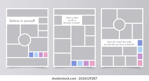 Collage template grids. Moodboard background. Mood board layout. Scrapbook album pictures. Mosaic images. Vertical poster design with color palette and quote. Set photo frames. Vector illustration