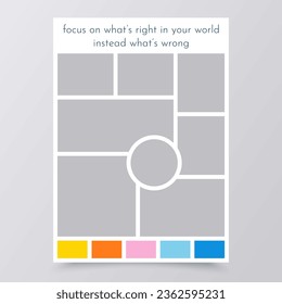 Collage template. Moodboard background. Mood board grid. Mosaic pictures album layout. Montage photo images. Vertical design of gallery mockup with colour palette and quote. Vector illustration