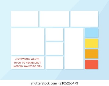 Vorlage zusammentragen. Moodboard-Gitter. Stimmungsbrett. Bildbanner mit Foto-Bildern. Fotografisches Albumlayout. Präsentation mit Farbpalette. Mosaik, horizontaler Hintergrund. Vektorgrafik