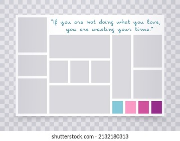 Collage template. Moodboard grid. Mood board. Frame banner with photo pictures. Photography album layout. Presentation mockup with colour palette. Mosaic horizontal background. Vector  illustration