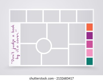 Collage template. Moodboard grid. Mood board background. Photomontage pictures layout. Mosaic frames. Branding presentation. Horizontal poster with colour palette and quote. Vector illustration.
