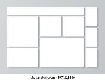 Collage template. Moodboard grid. Vector.  Mood board. Frame banner with photo pictures. Photography album background. Presentation mosaic layout. Horizontal rectangle mockup. Simple illustration