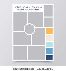 Collage template. Moodboard layout. Mood board background. Mosaic pictures album grid. Scrapbook images. Vertical poster design with colour palette and quote. Set photo frames. Vector illustration    